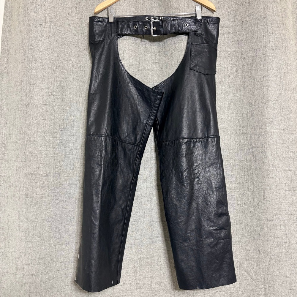 Hot Leathers Men Black Leather Motorcycle Chaps XL Biker Riding Gear Belted Snap - Picture 1 of 8